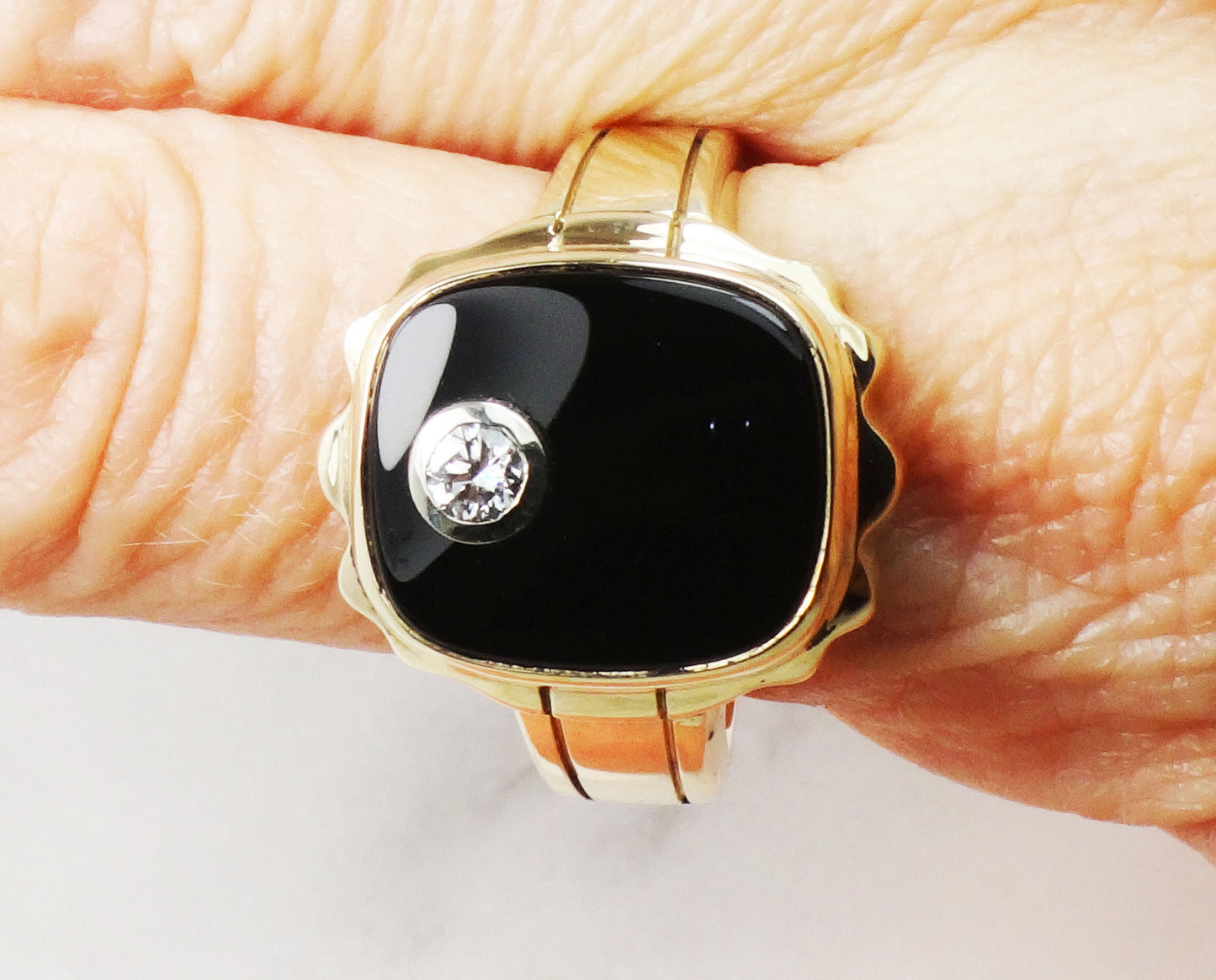 Vintage 10k Yellow Gold Natural Diamond and Black Onyx Ring Men's .20 CT Diamond Ring Size 10 3/4