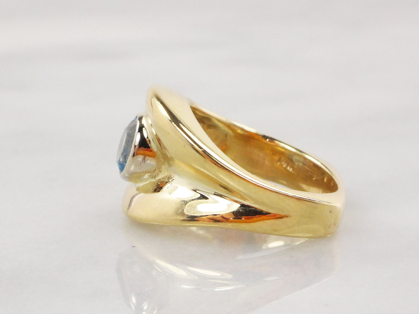 Vintage Wide 14k Yellow Gold Blue Topaz Ring December Birthstone Ring Solid Gold Cigar Band Ring