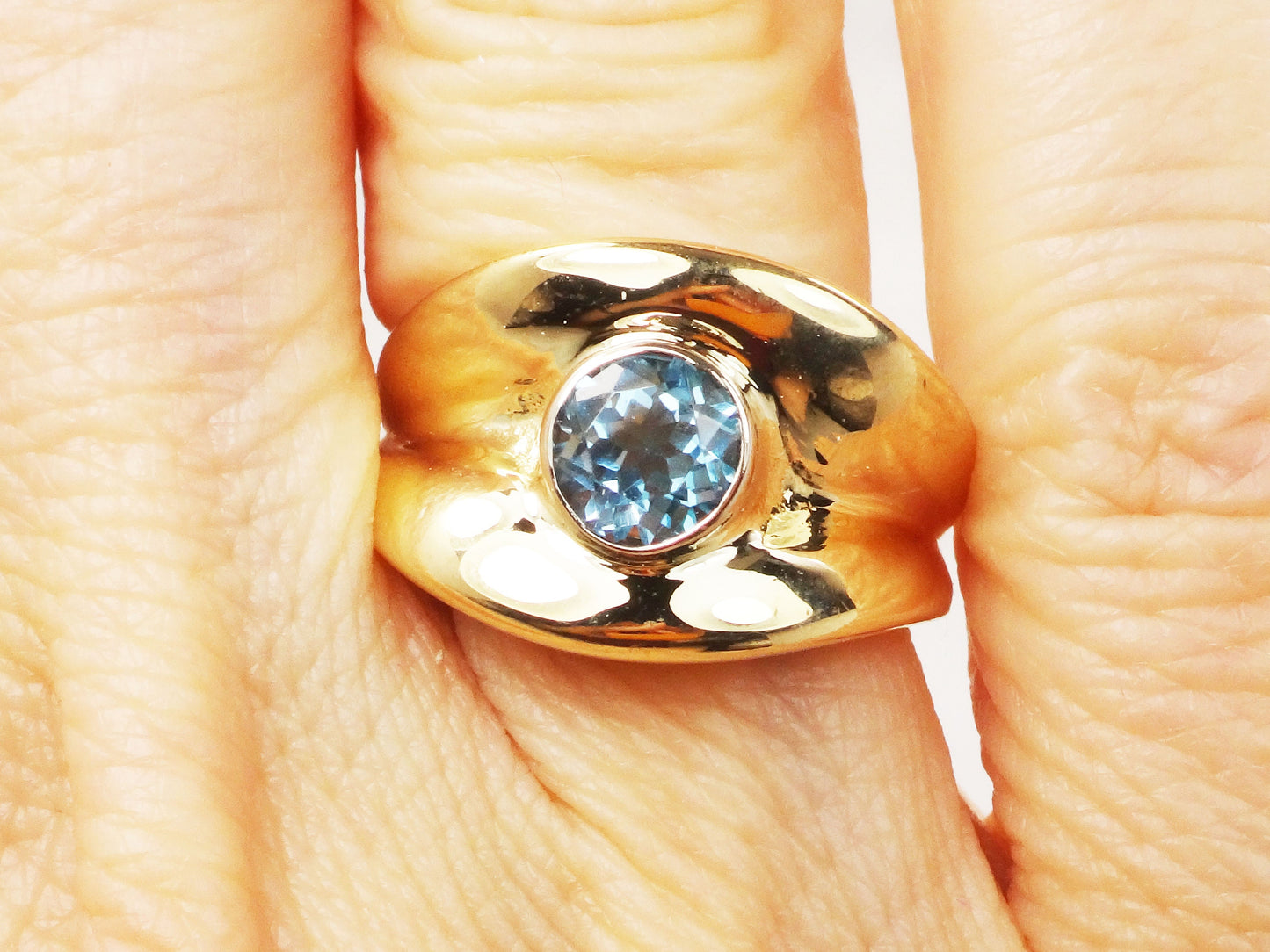 Vintage Wide 14k Yellow Gold Blue Topaz Ring December Birthstone Ring Solid Gold Cigar Band Ring