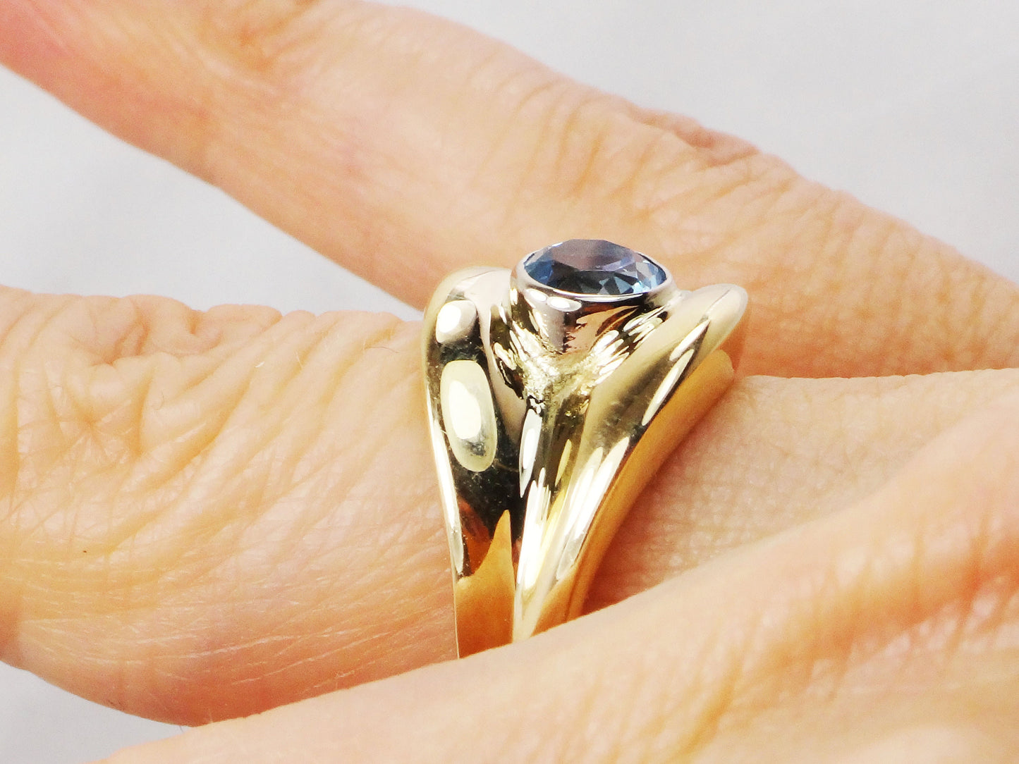 Vintage Wide 14k Yellow Gold Blue Topaz Ring December Birthstone Ring Solid Gold Cigar Band Ring