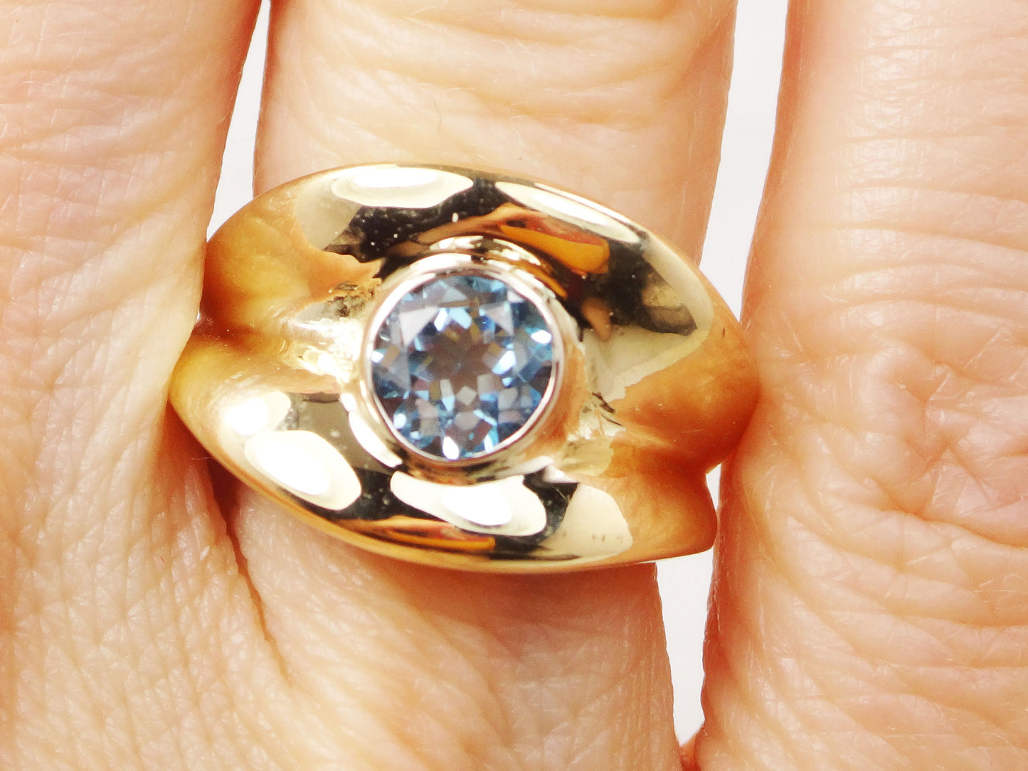 Vintage Wide 14k Yellow Gold Blue Topaz Ring December Birthstone Ring Solid Gold Cigar Band Ring