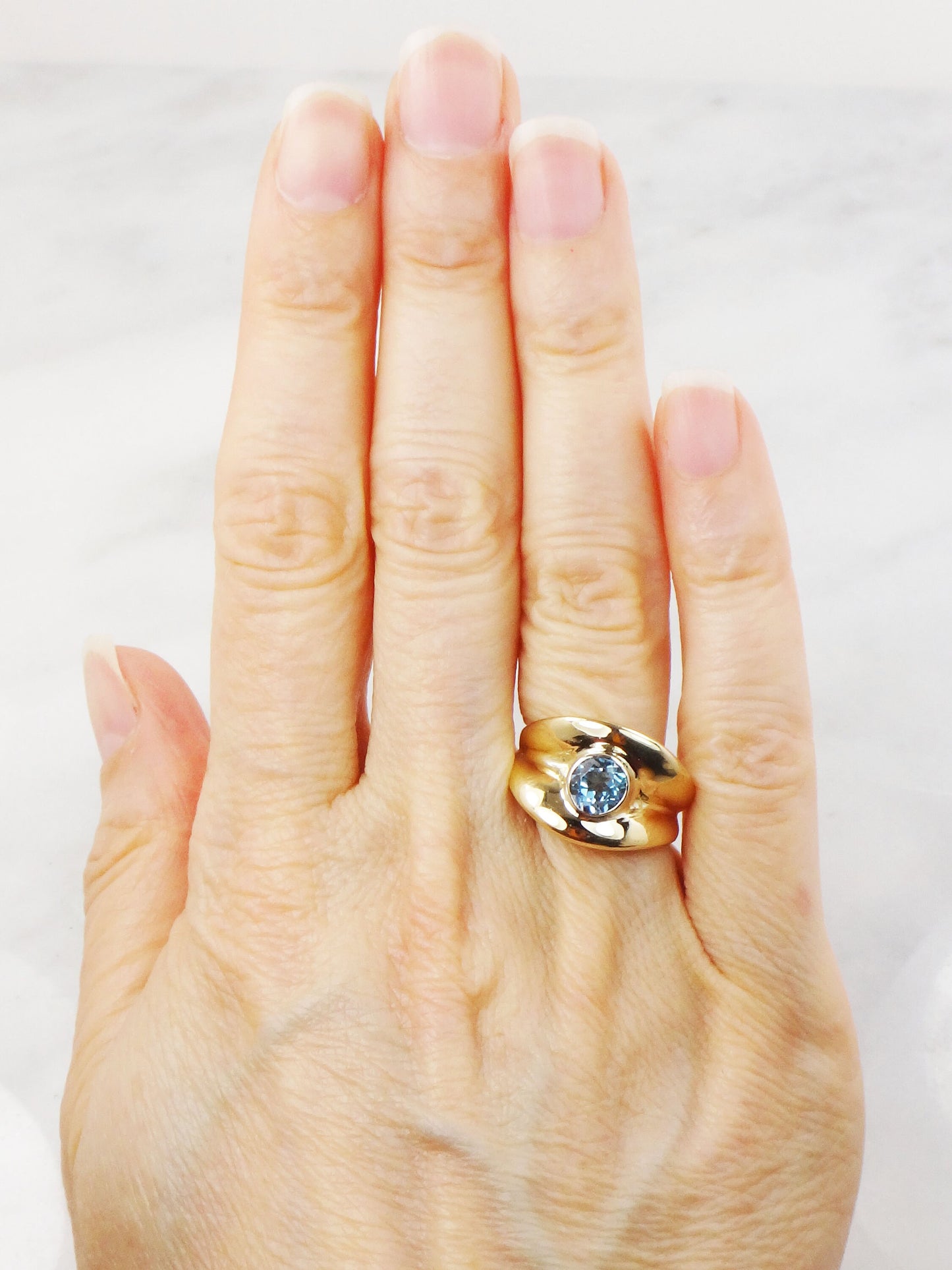 Vintage Wide 14k Yellow Gold Blue Topaz Ring December Birthstone Ring Solid Gold Cigar Band Ring