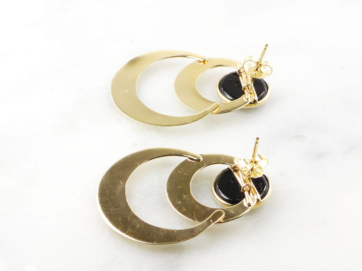 Large 14k Yellow Gold Circles and Onyx Dangle Earrings - Vintage Circa 1980's Fine Jewelry