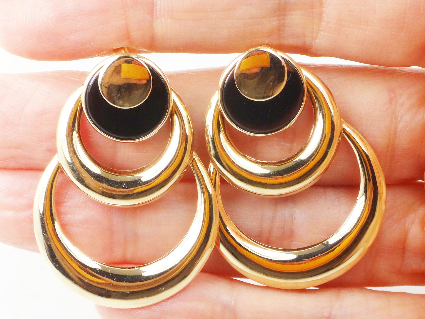 Large 14k Yellow Gold Circles and Onyx Dangle Earrings - Vintage Circa 1980's Fine Jewelry