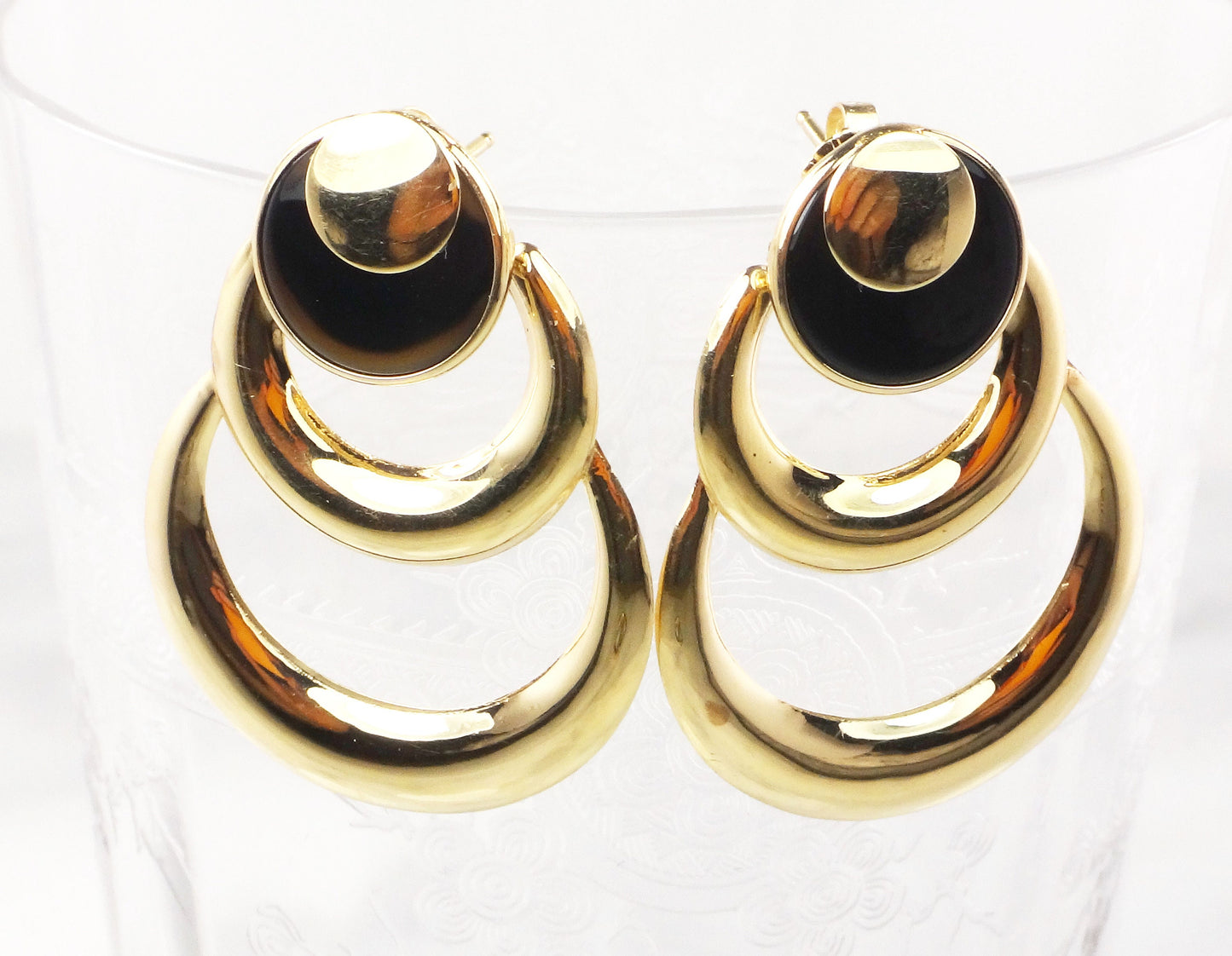Large 14k Yellow Gold Circles and Onyx Dangle Earrings - Vintage Circa 1980's Fine Jewelry