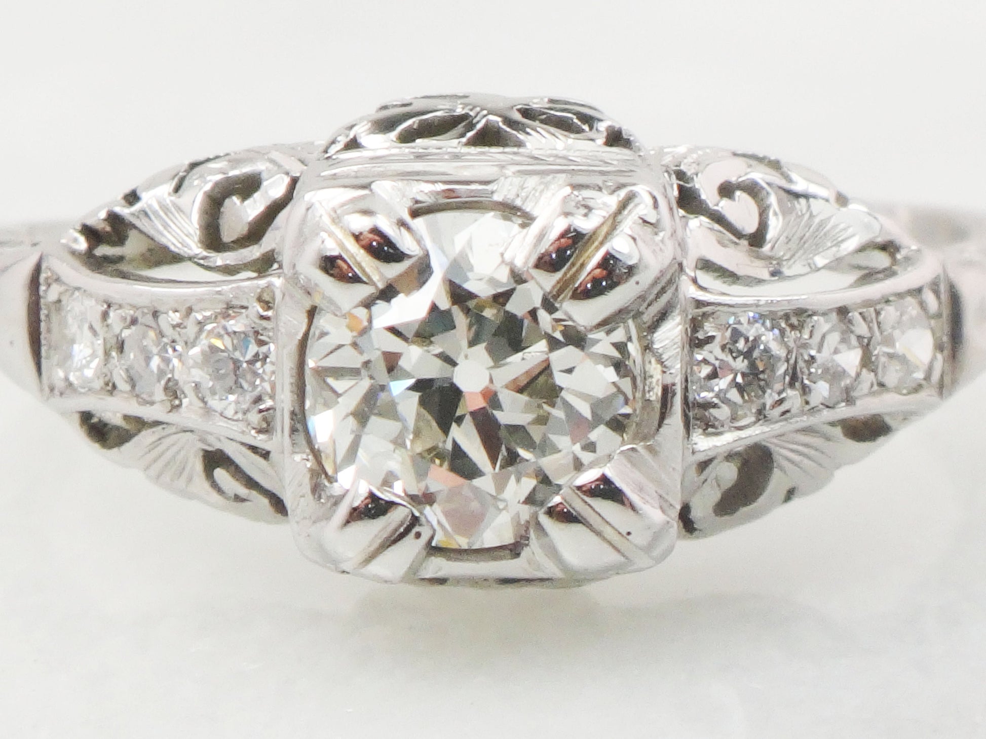 Art Deco Old European Cut Natural Diamond Engagement Ring Approx. .55 Carats - Antique 14k White Gold Diamond Ring