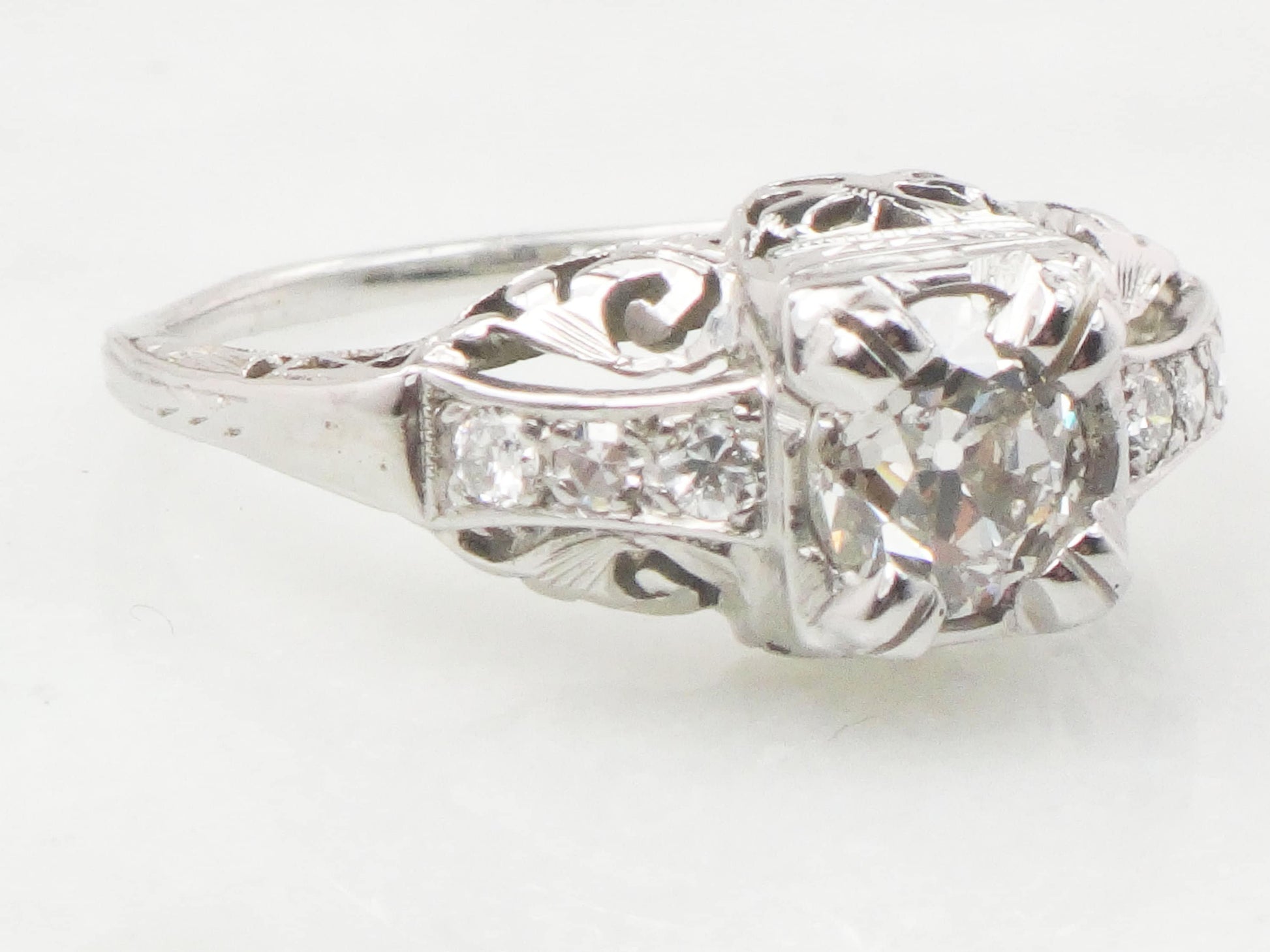 Art Deco Old European Cut Natural Diamond Engagement Ring Approx. .55 Carats - Antique 14k White Gold Diamond Ring
