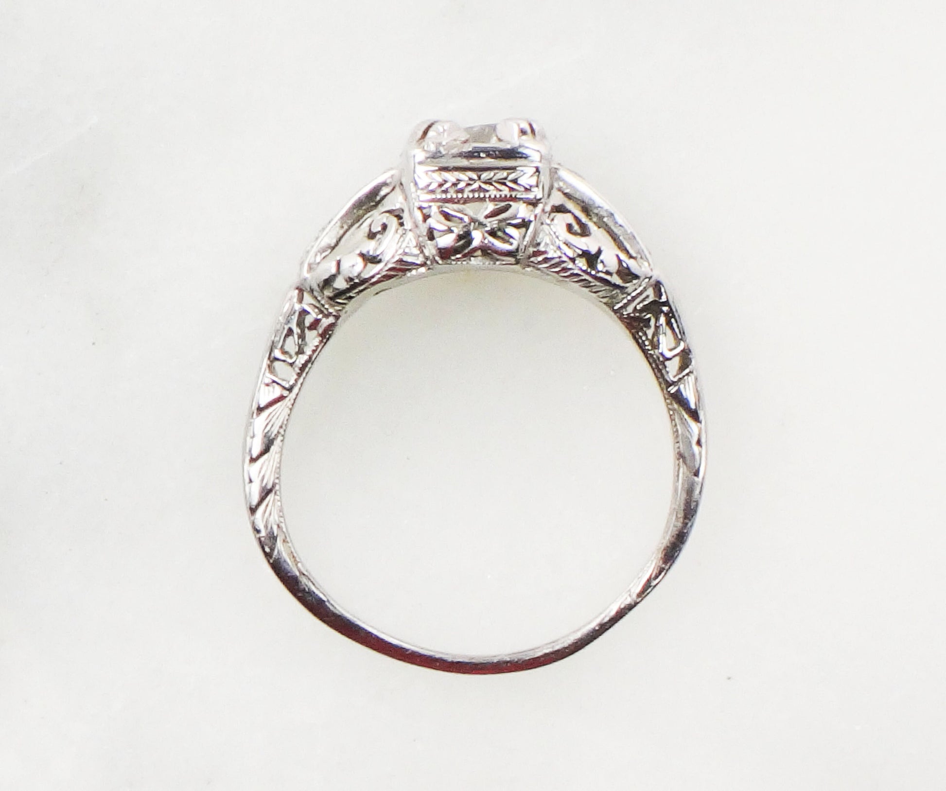 Art Deco Old European Cut Natural Diamond Engagement Ring Approx. .55 Carats - Antique 14k White Gold Diamond Ring