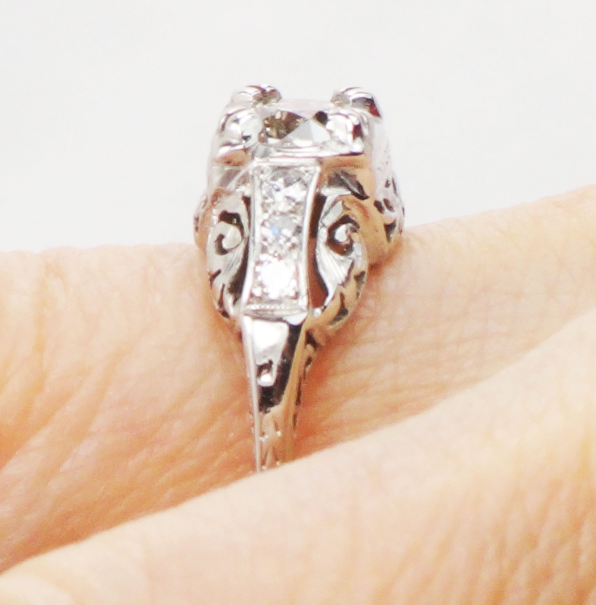 Art Deco Old European Cut Natural Diamond Engagement Ring Approx. .55 Carats - Antique 14k White Gold Diamond Ring