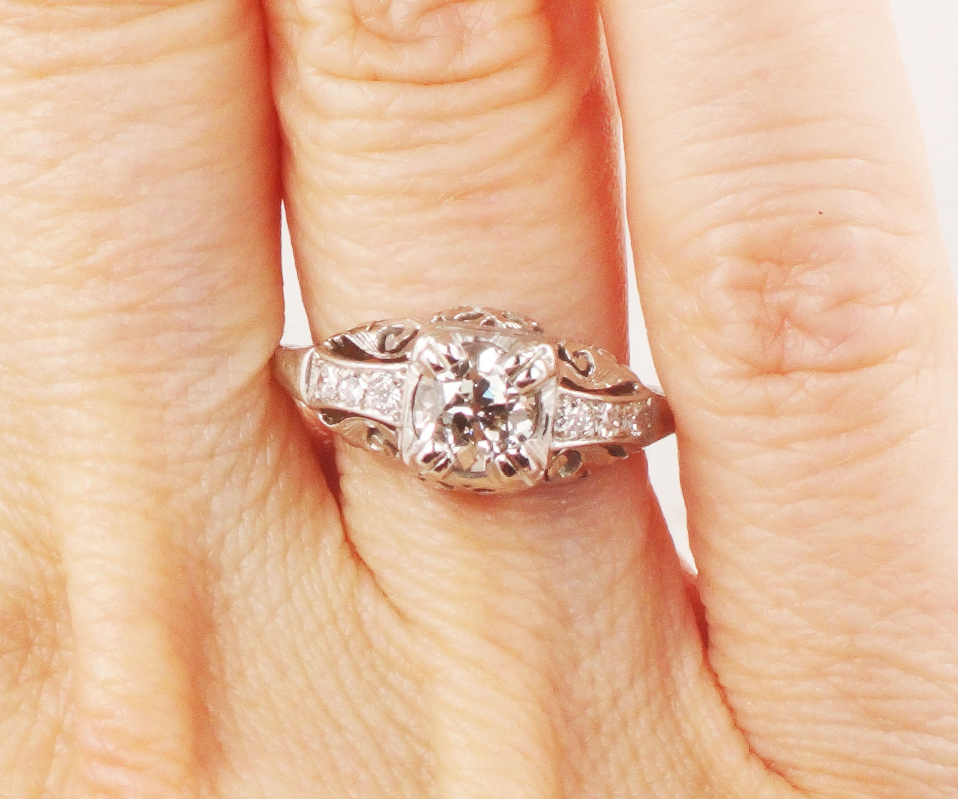 Art Deco Old European Cut Natural Diamond Engagement Ring Approx. .55 Carats - Antique 14k White Gold Diamond Ring