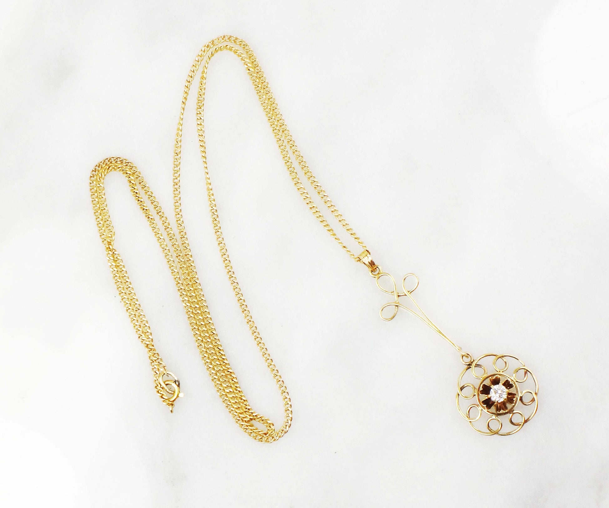 Vintage Belle Epoque Diamond Lavalier Necklace: Old Mine Cut, 14k Gold Curb Chain