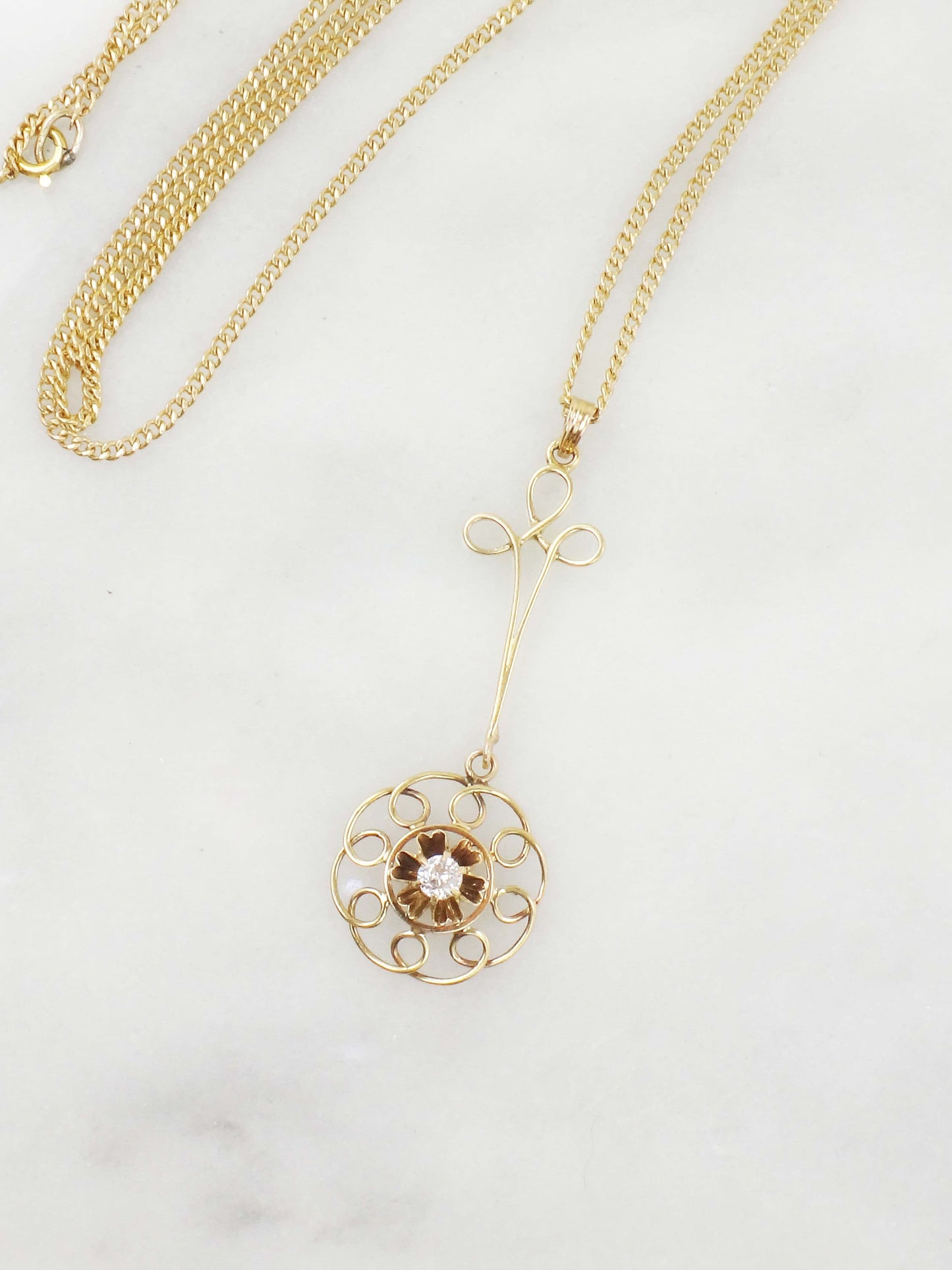 Vintage Belle Epoque Diamond Lavalier Necklace: Old Mine Cut, 14k Gold Curb Chain