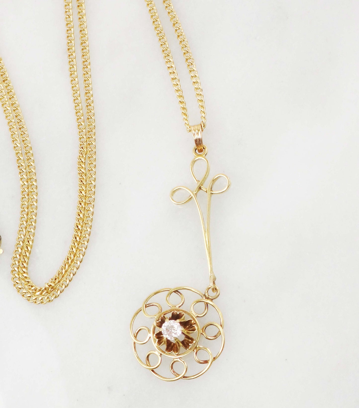 Vintage Belle Epoque Diamond Lavalier Necklace: Old Mine Cut, 14k Gold Curb Chain