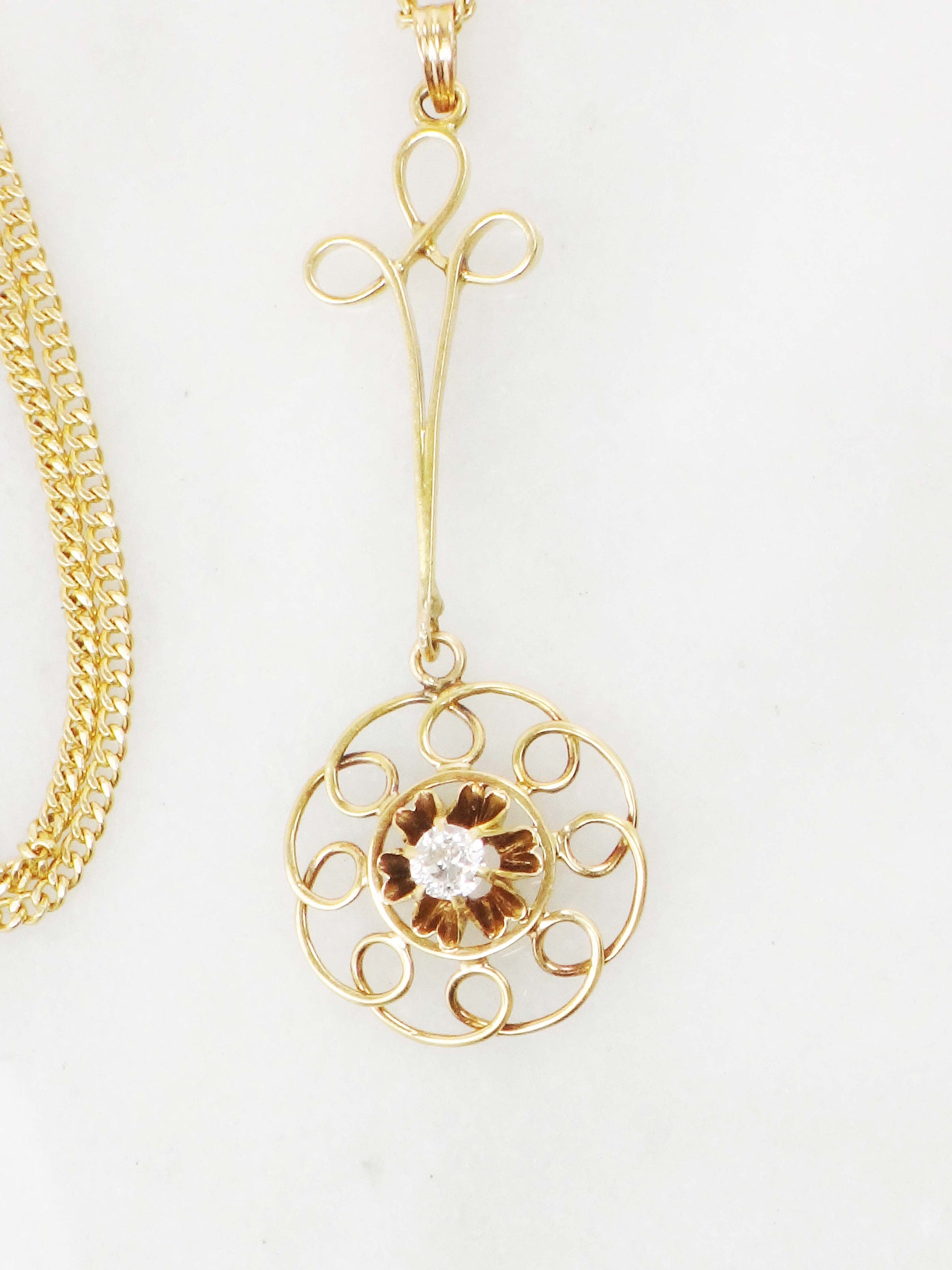 Vintage Belle Epoque Diamond Lavalier Necklace: Old Mine Cut, 14k Gold Curb Chain