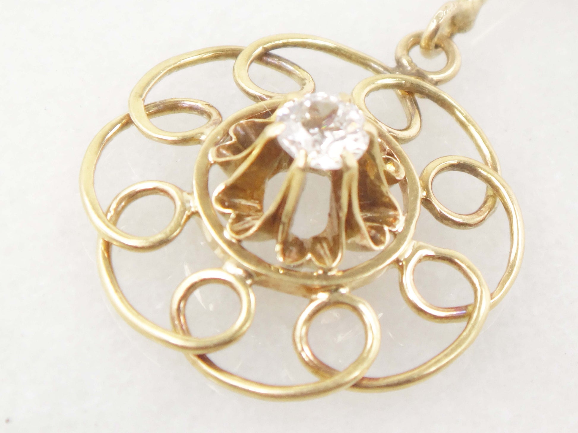 Vintage Belle Epoque Diamond Lavalier Necklace: Old Mine Cut, 14k Gold Curb Chain