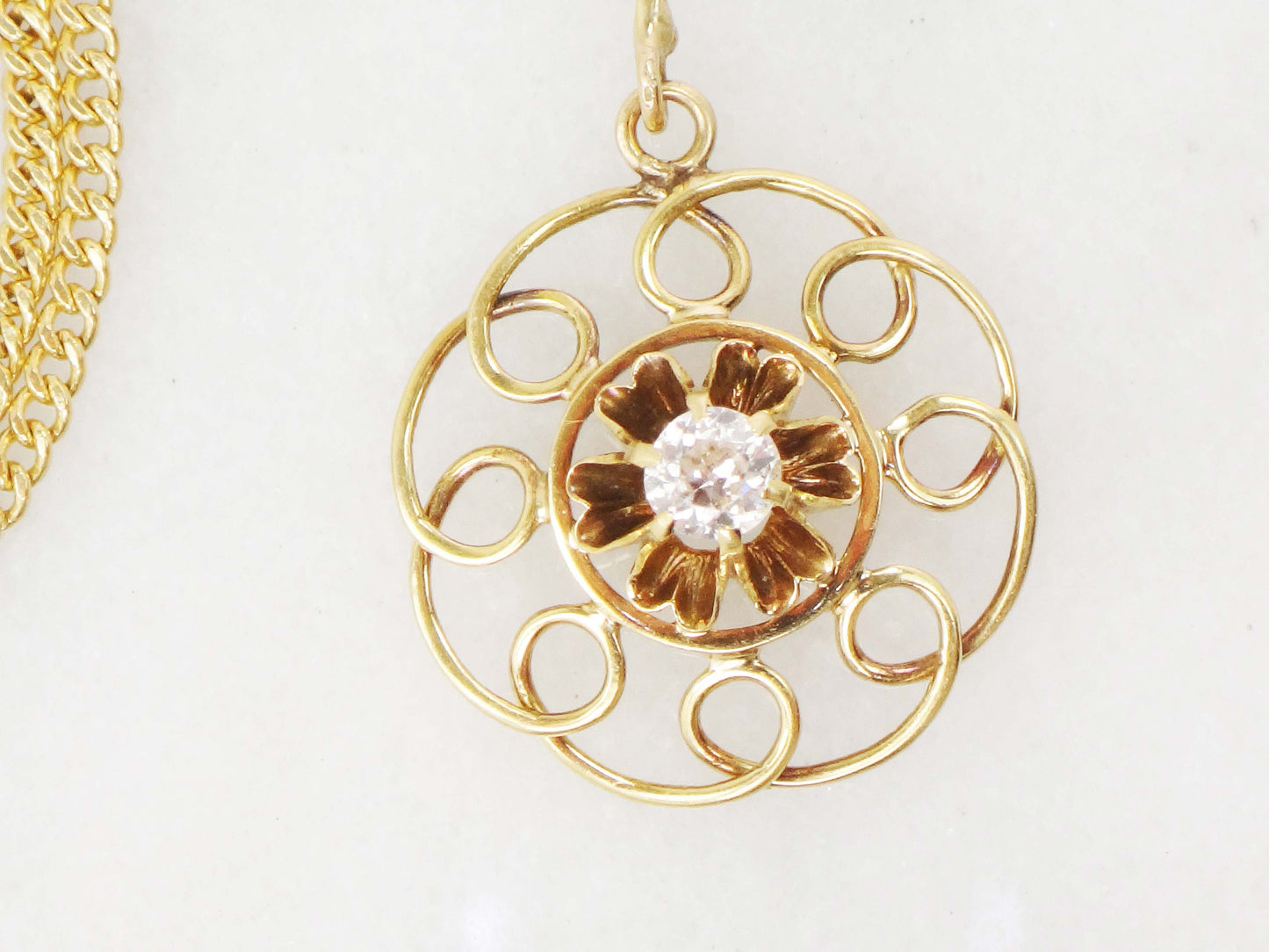 Vintage Transitional Old Mine Cut Natural Diamond Lavalier Necklace with 14k Curb Link Chain Belle Epoque Antique Diamond Pendant