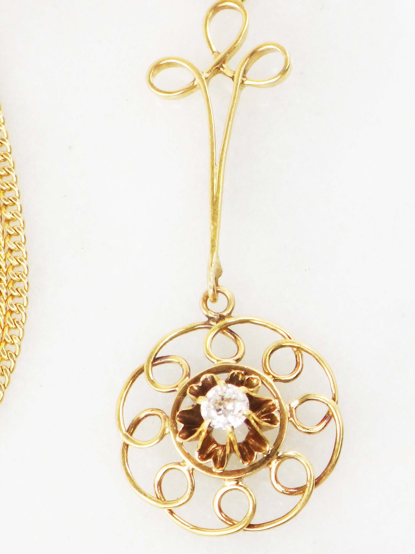 Vintage Belle Epoque Diamond Lavalier Necklace: Old Mine Cut, 14k Gold Curb Chain