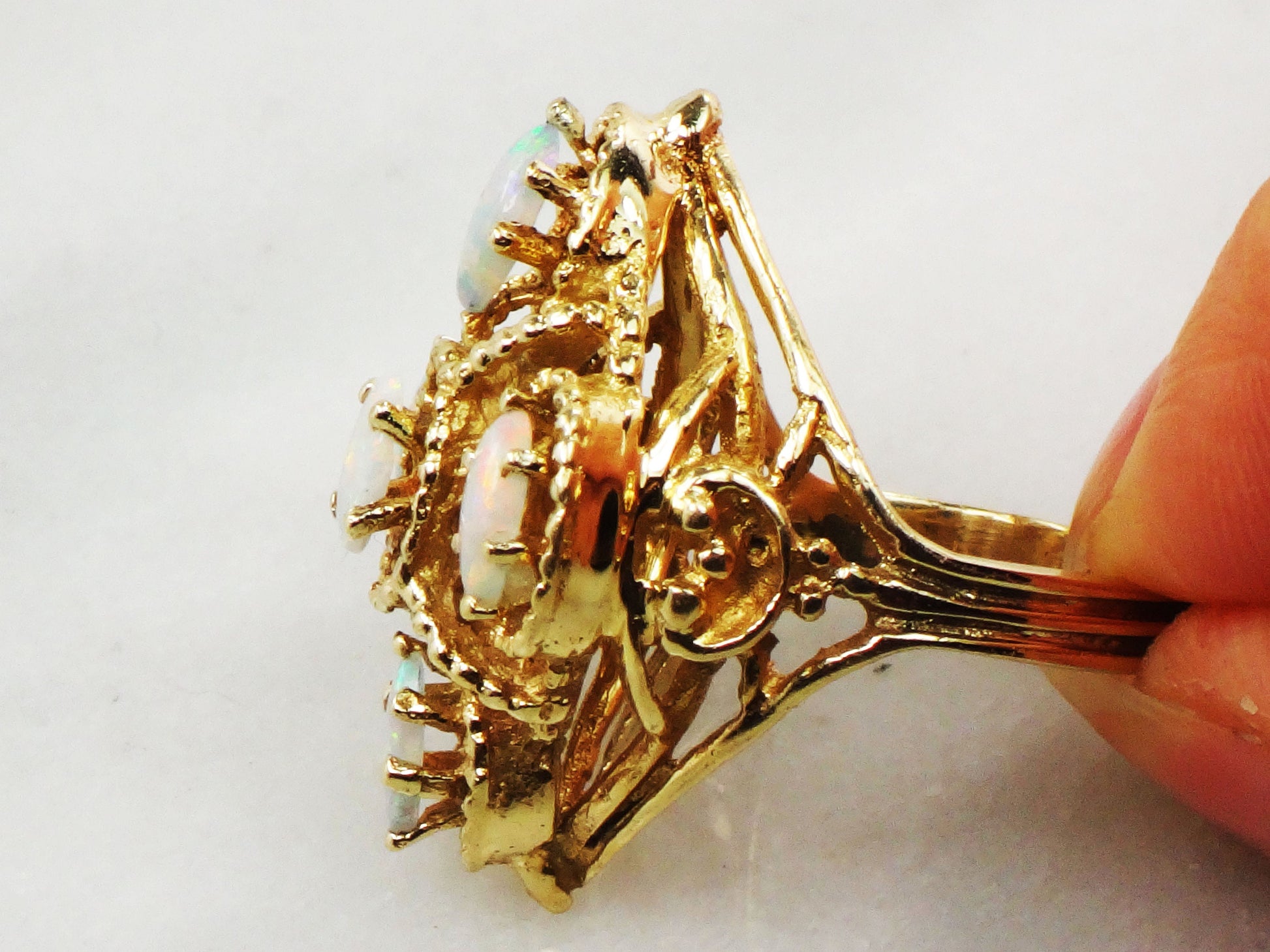 Vintage 14k Yellow Gold Natural Opal Cluster Ring October Birthstone Size 6