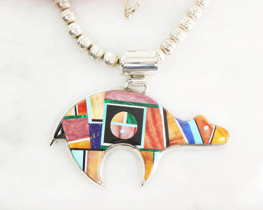 Alvin Yellowhorse Sterling Silver Bear Necklace Multi-Stone Inlaid Pendant and Silver Pearl Bead Chain