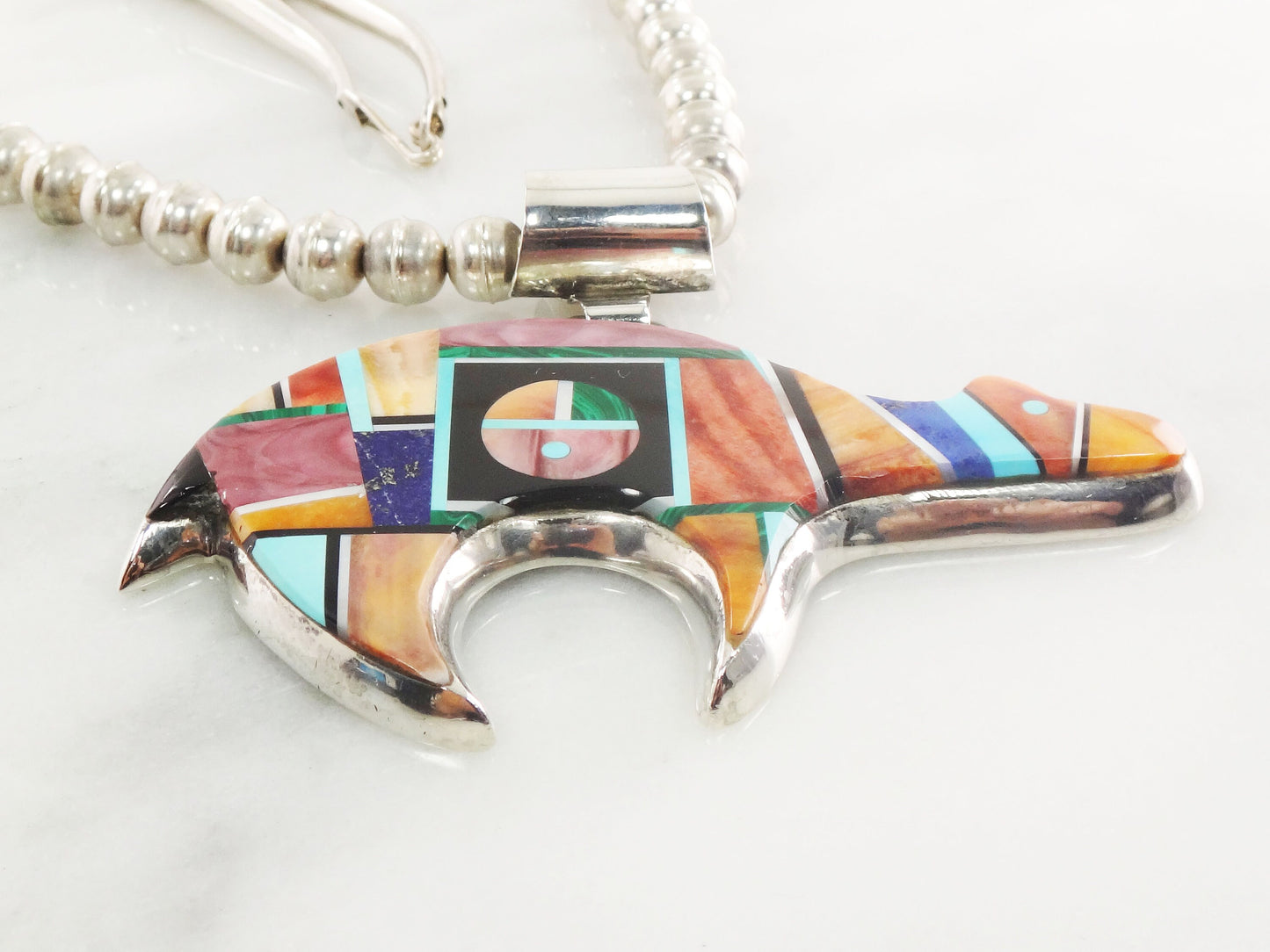 Alvin Yellowhorse Sterling Silver Bear Necklace Multi-Stone Inlaid Pendant and Silver Pearl Bead Chain