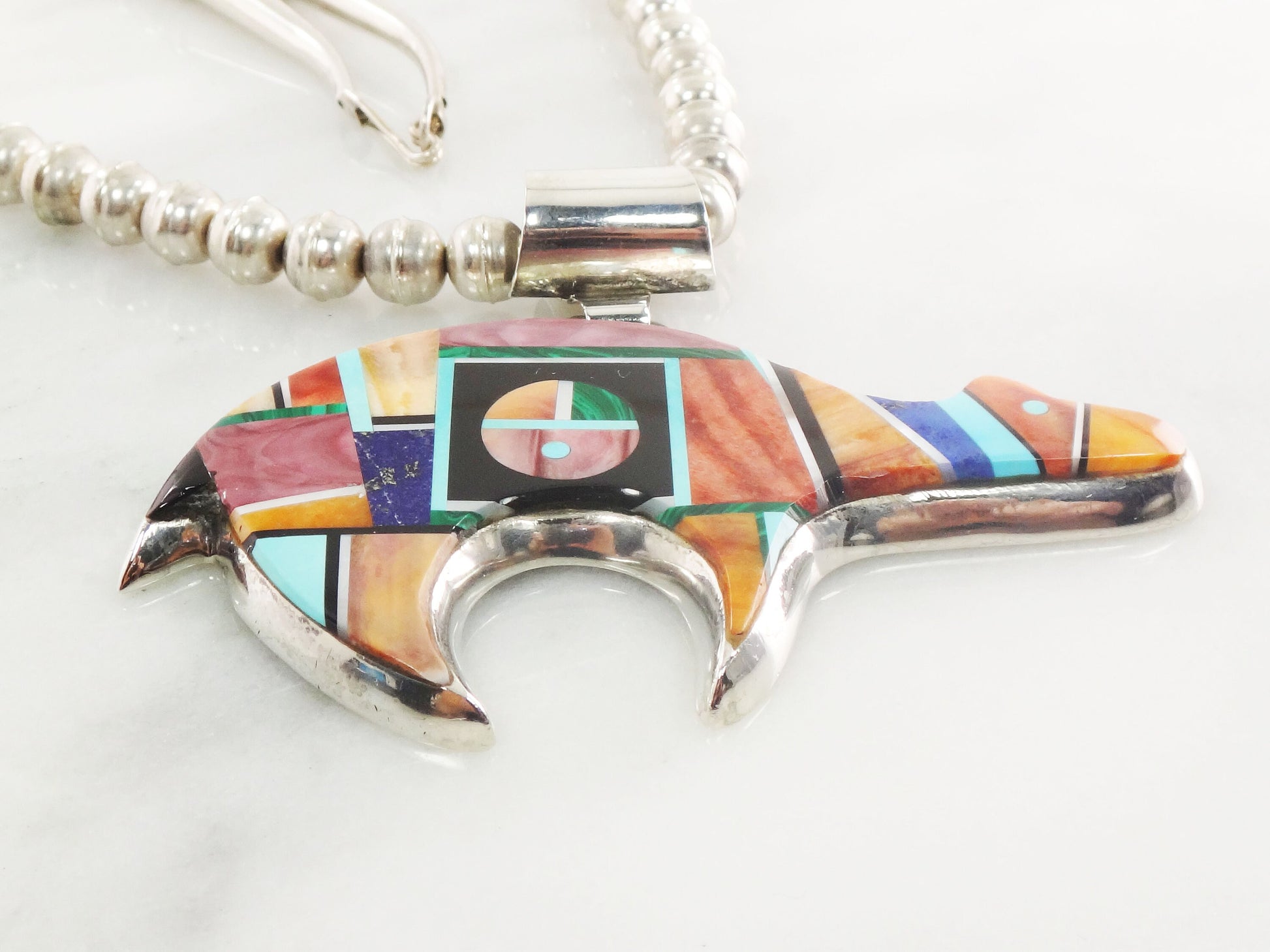 Alvin Yellowhorse Sterling Silver Bear Necklace Multi-Stone Inlaid Pendant and Silver Pearl Bead Chain