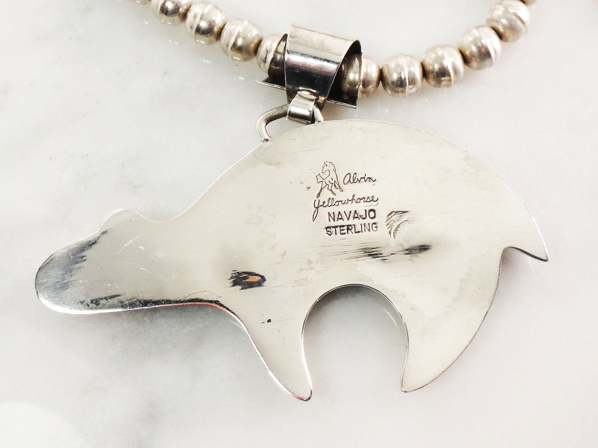 Alvin Yellowhorse Sterling Silver Bear Necklace Multi-Stone Inlaid Pendant and Silver Pearl Bead Chain