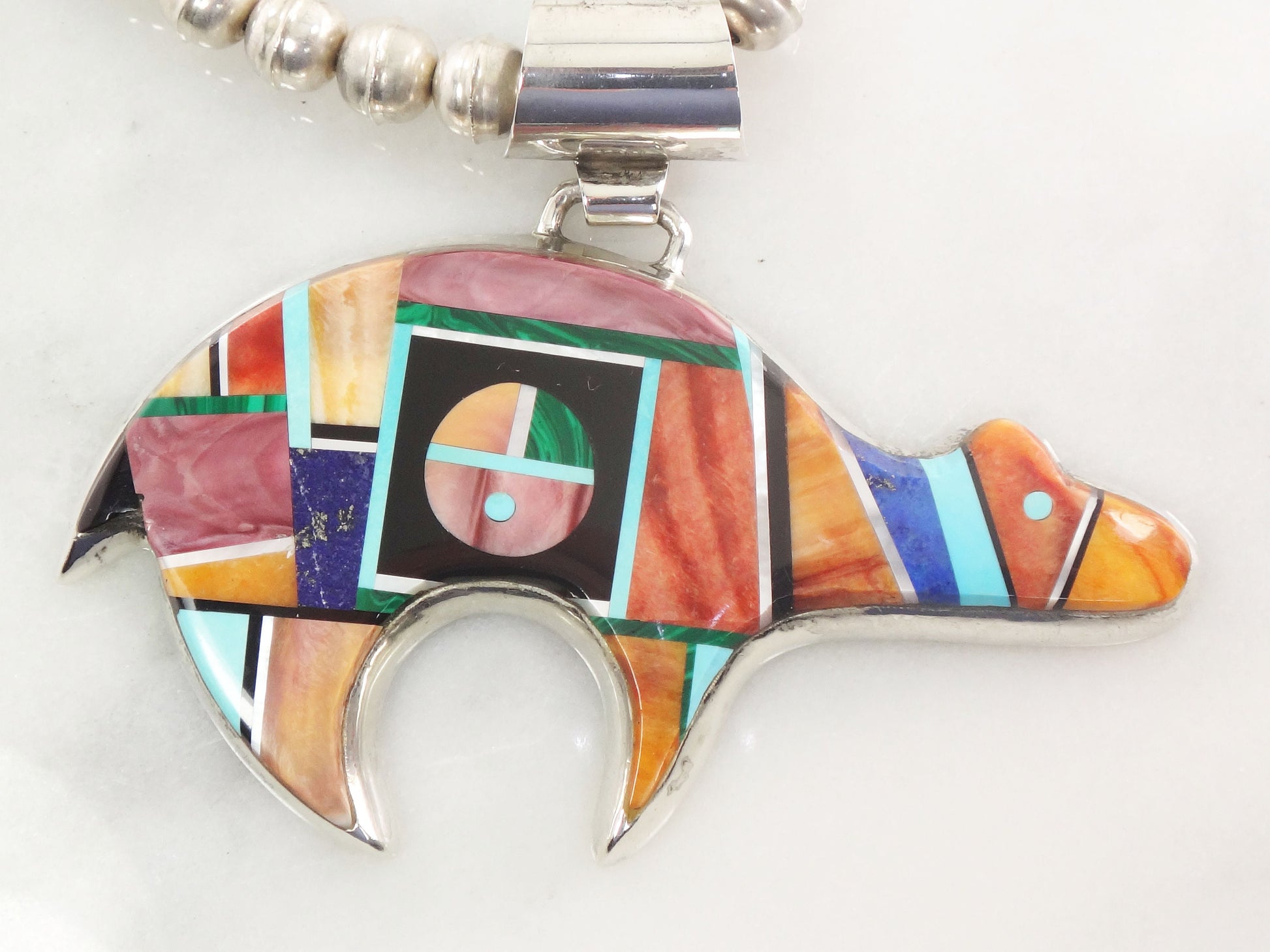 Alvin Yellowhorse Sterling Silver Bear Necklace Multi-Stone Inlaid Pendant and Silver Pearl Bead Chain