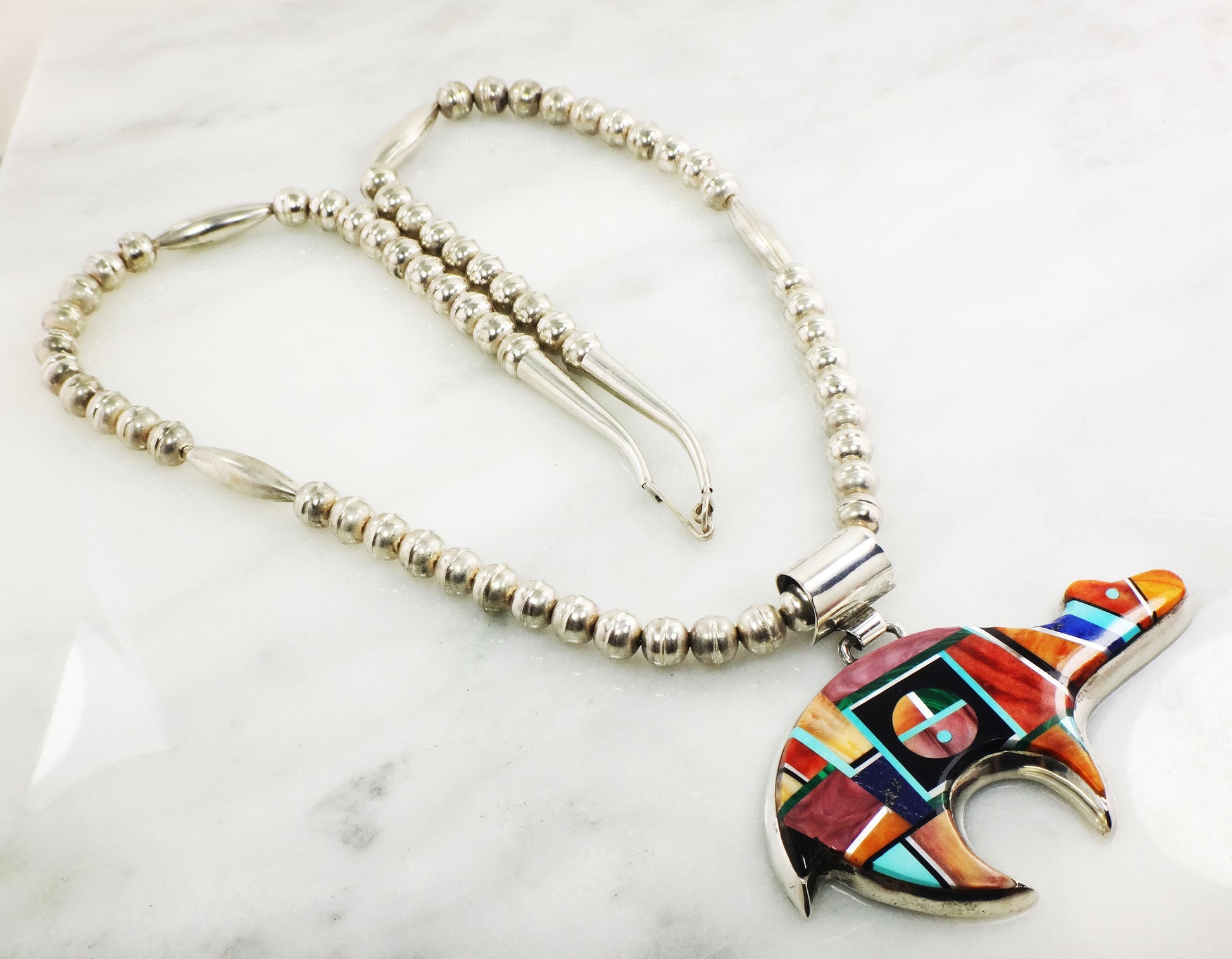 Alvin Yellowhorse Sterling Silver Bear Necklace Multi-Stone Inlaid Pendant and Silver Pearl Bead Chain