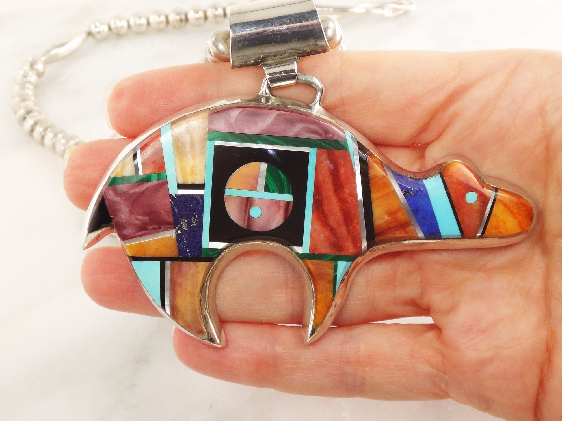 Alvin Yellowhorse Sterling Silver Bear Necklace Multi-Stone Inlaid Pendant and Silver Pearl Bead Chain