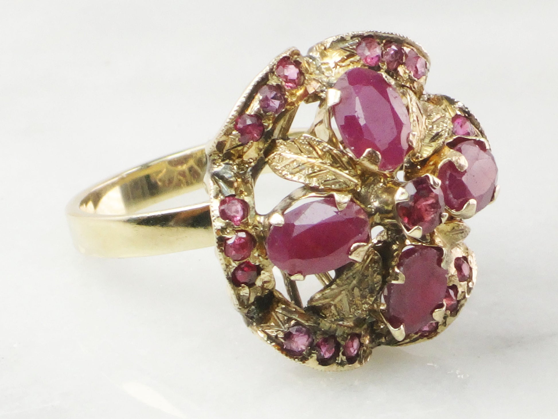 Vintage 14k Yellow Gold Ruby Ring: Floral, Red Spinel Accent Ring