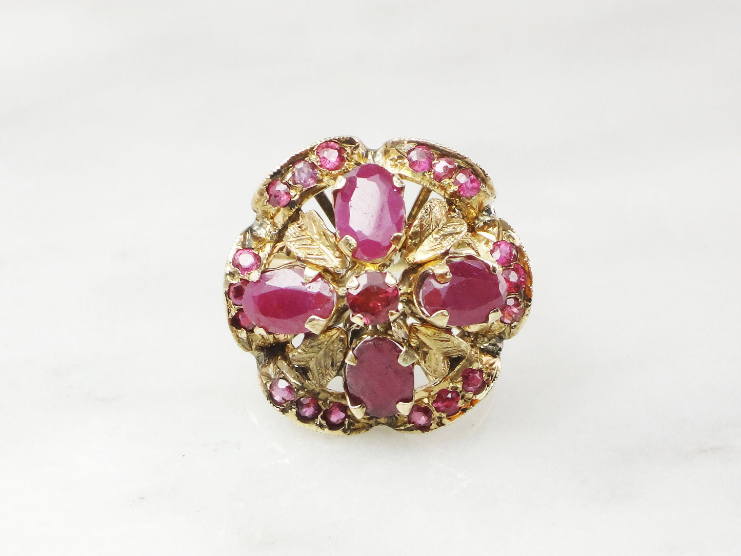 Vintage 14k Yellow Gold Ruby Ring: Floral, Red Spinel Accent Ring