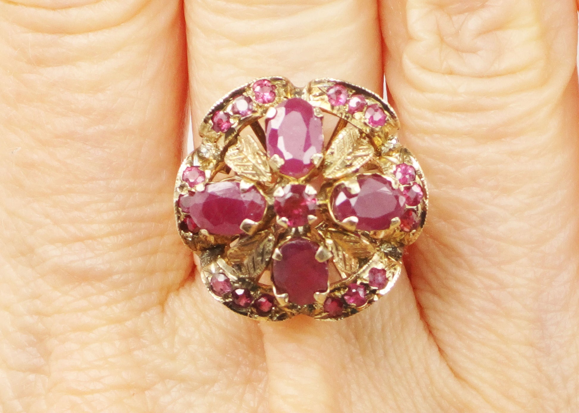 Vintage 14k Yellow Gold Ruby Ring: Floral, Red Spinel Accent Ring