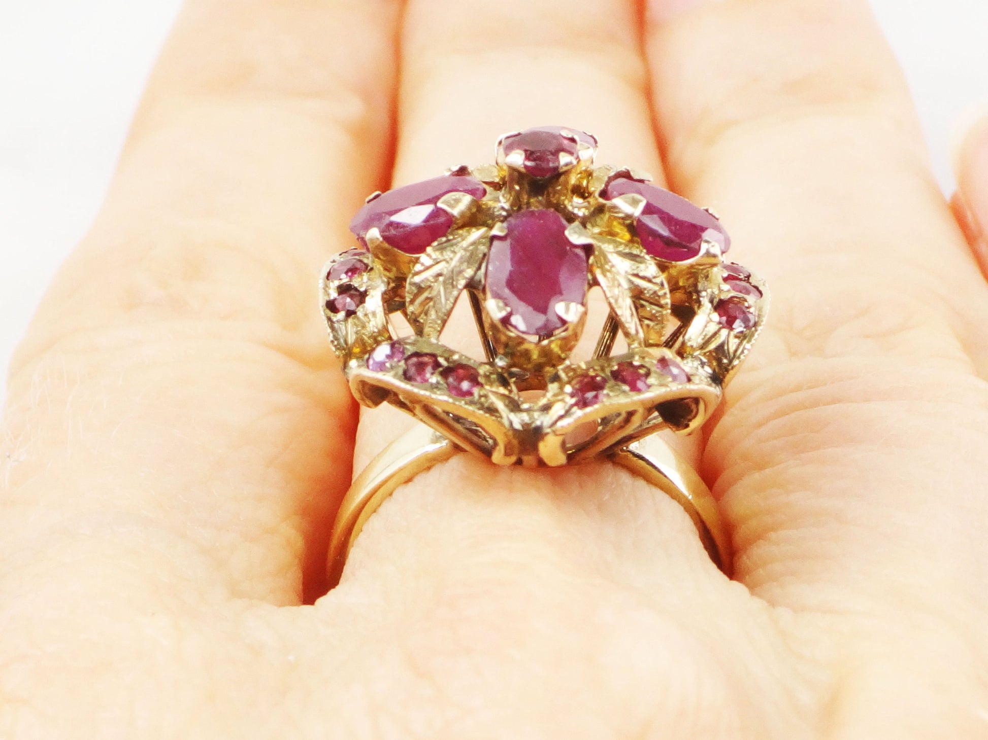 Vintage 14k Yellow Gold Ruby Ring: Floral, Red Spinel Accent Ring