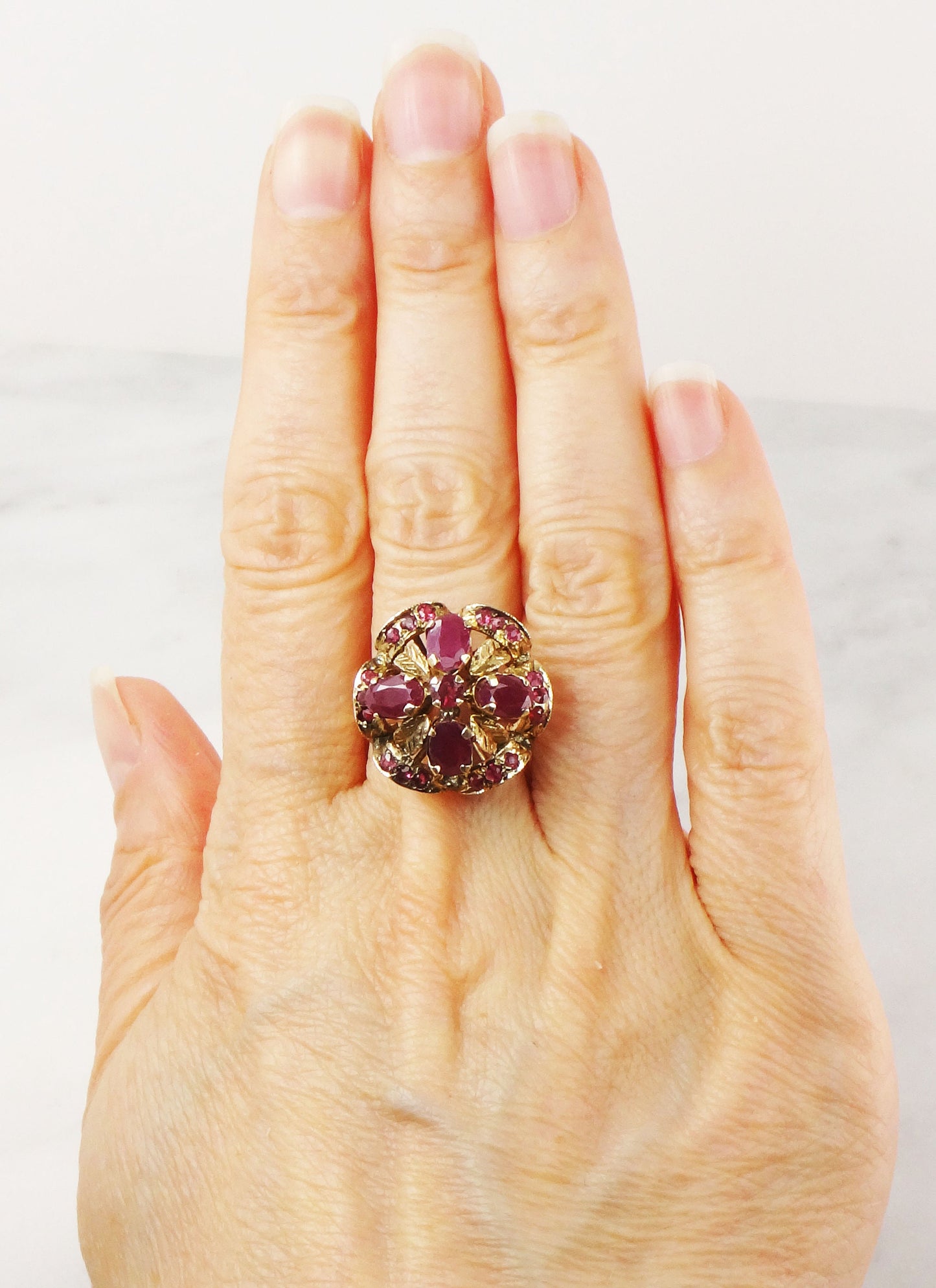 Vintage 14k Yellow Gold Ruby Ring: Floral, Red Spinel Accent Ring