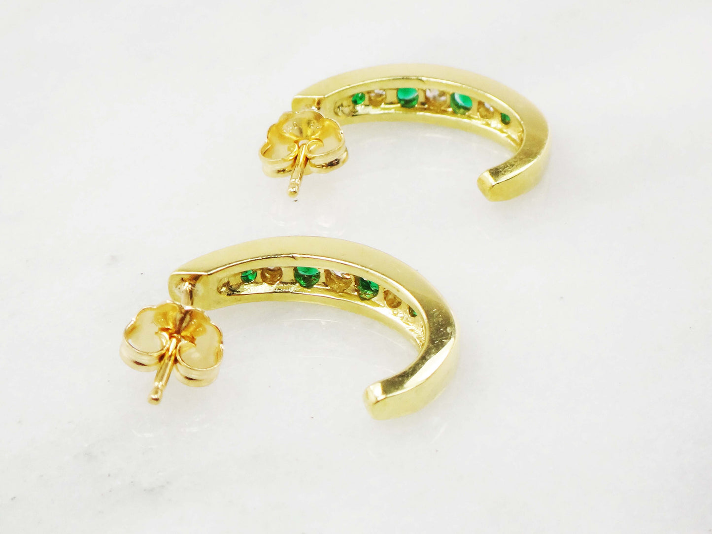 Vintage 18k Yellow Gold Natural Diamond and Emerald Green Glass Earrings Half Hoop Diamond Earrings May Birthstone Earrings