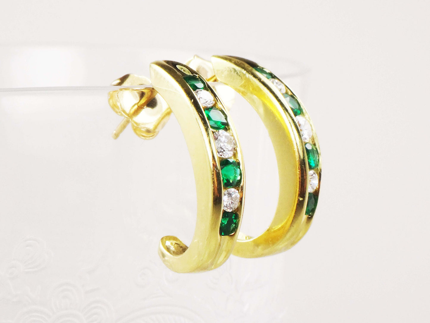 Vintage 18k Yellow Gold Natural Diamond and Emerald Green Glass Earrings Half Hoop Diamond Earrings May Birthstone Earrings