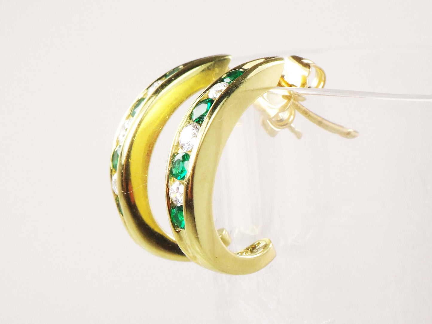 Vintage 18k Yellow Gold Natural Diamond and Emerald Green Glass Earrings Half Hoop Diamond Earrings May Birthstone Earrings