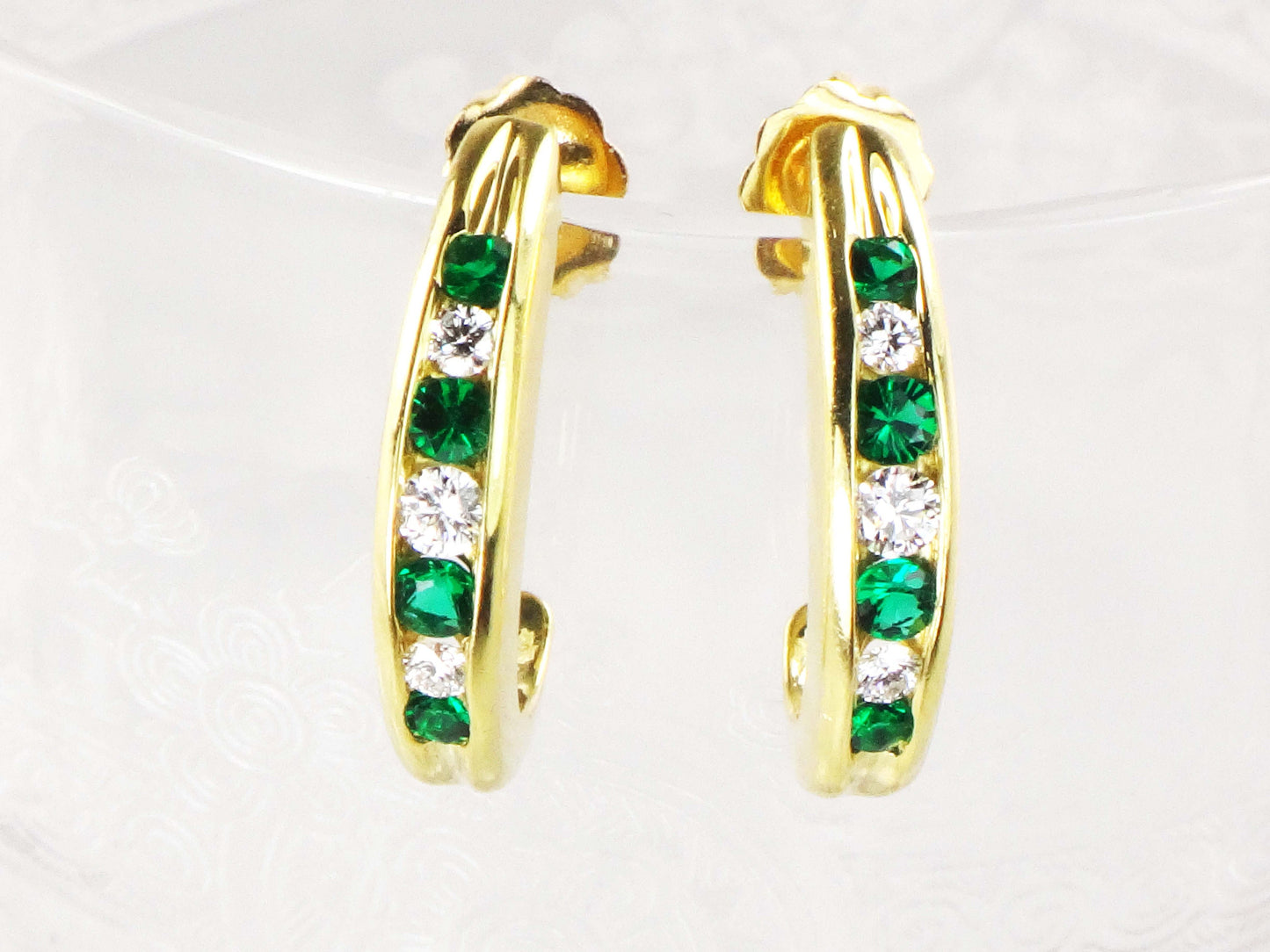 Vintage 18k Yellow Gold Natural Diamond and Emerald Green Glass Earrings Half Hoop Diamond Earrings May Birthstone Earrings