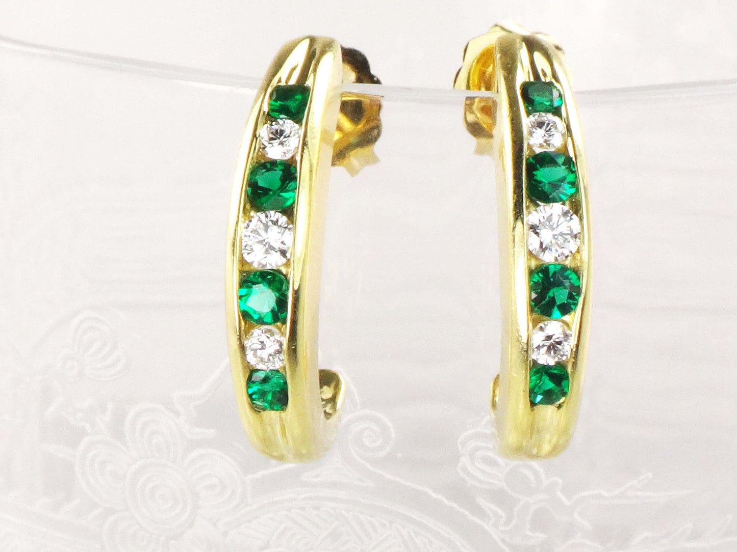 Vintage 18k Yellow Gold Natural Diamond and Emerald Green Glass Earrings Half Hoop Diamond Earrings May Birthstone Earrings