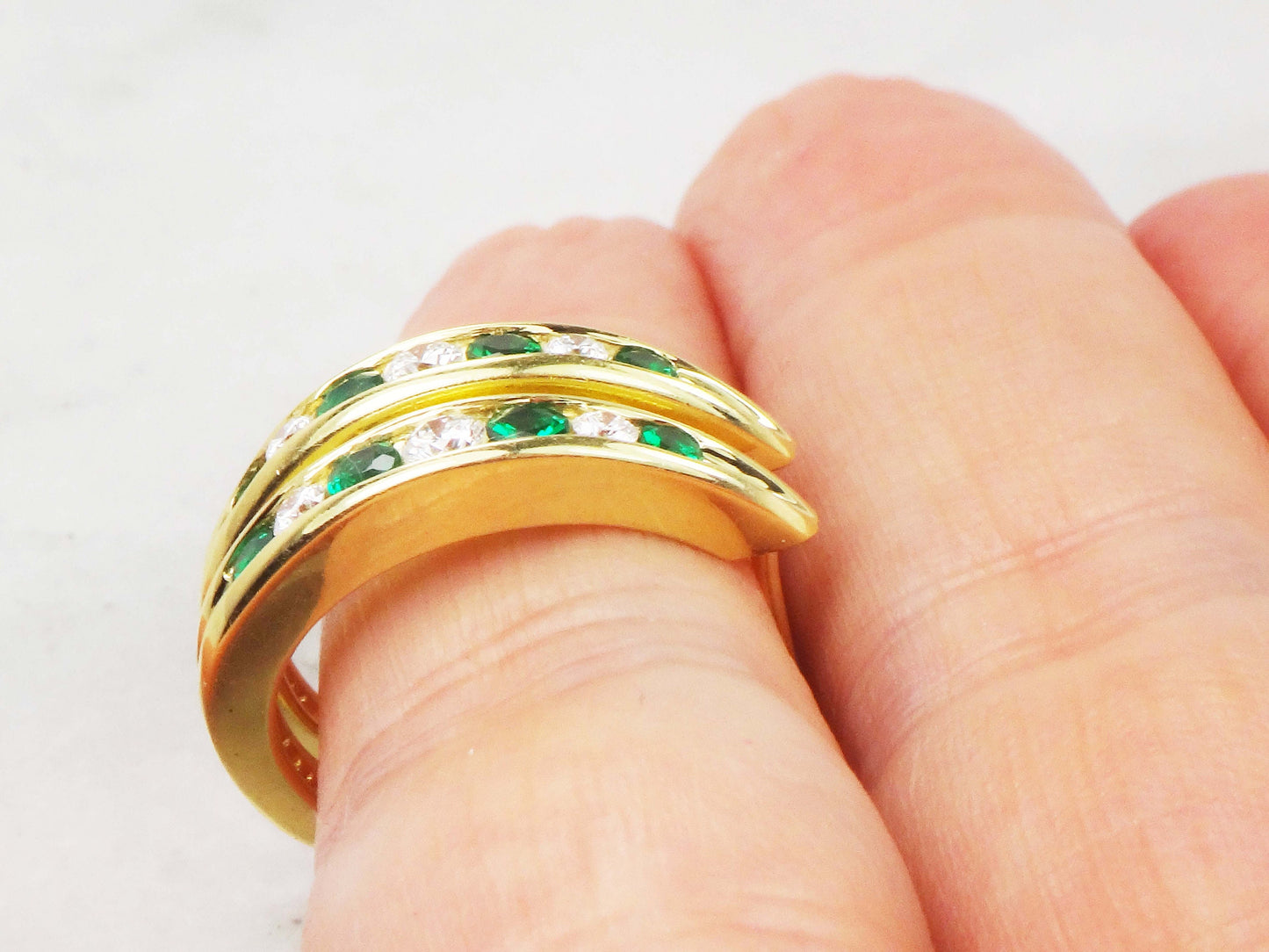 Vintage 18k Yellow Gold Natural Diamond and Emerald Green Glass Earrings Half Hoop Diamond Earrings May Birthstone Earrings
