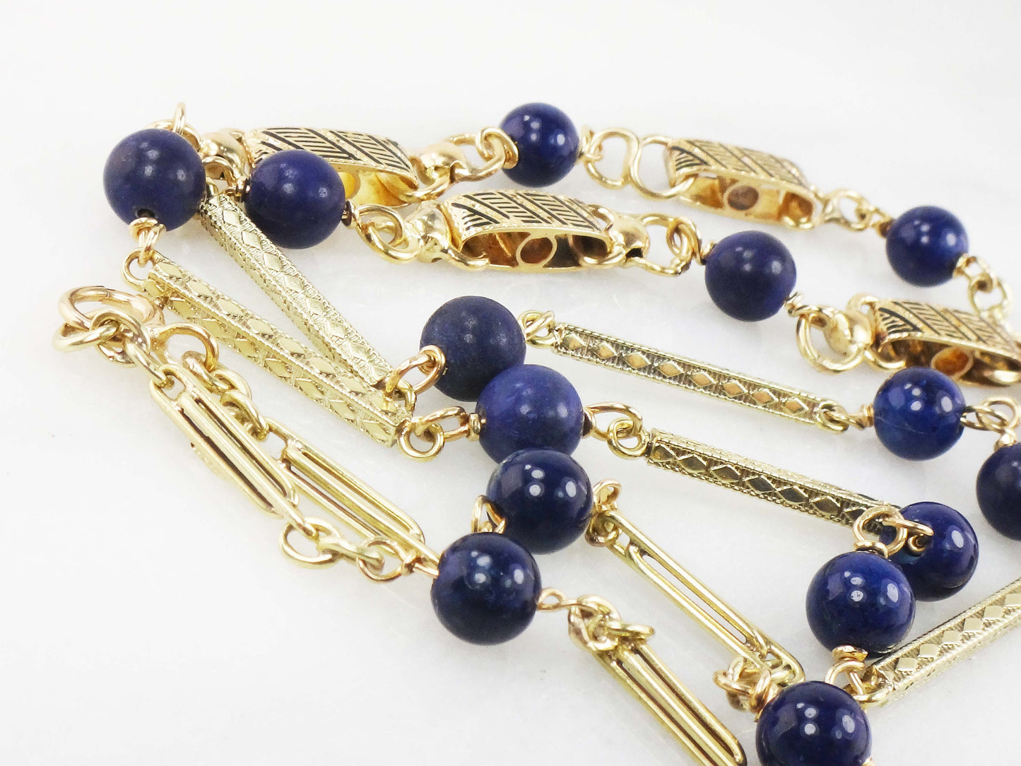 Vintage 14k Yellow Gold Lapis Lazuli Necklace Long Fancy Link Chain - Blue Lapis Station Necklace - 26.75"