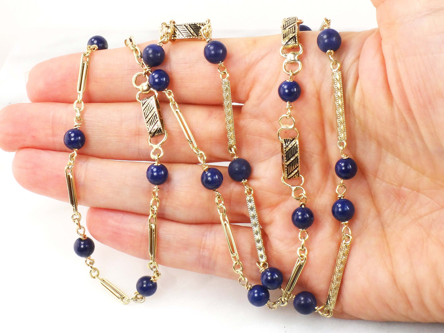 Vintage 14k Yellow Gold Lapis Lazuli Necklace Long Fancy Link Chain - Blue Lapis Station Necklace - 26.75"