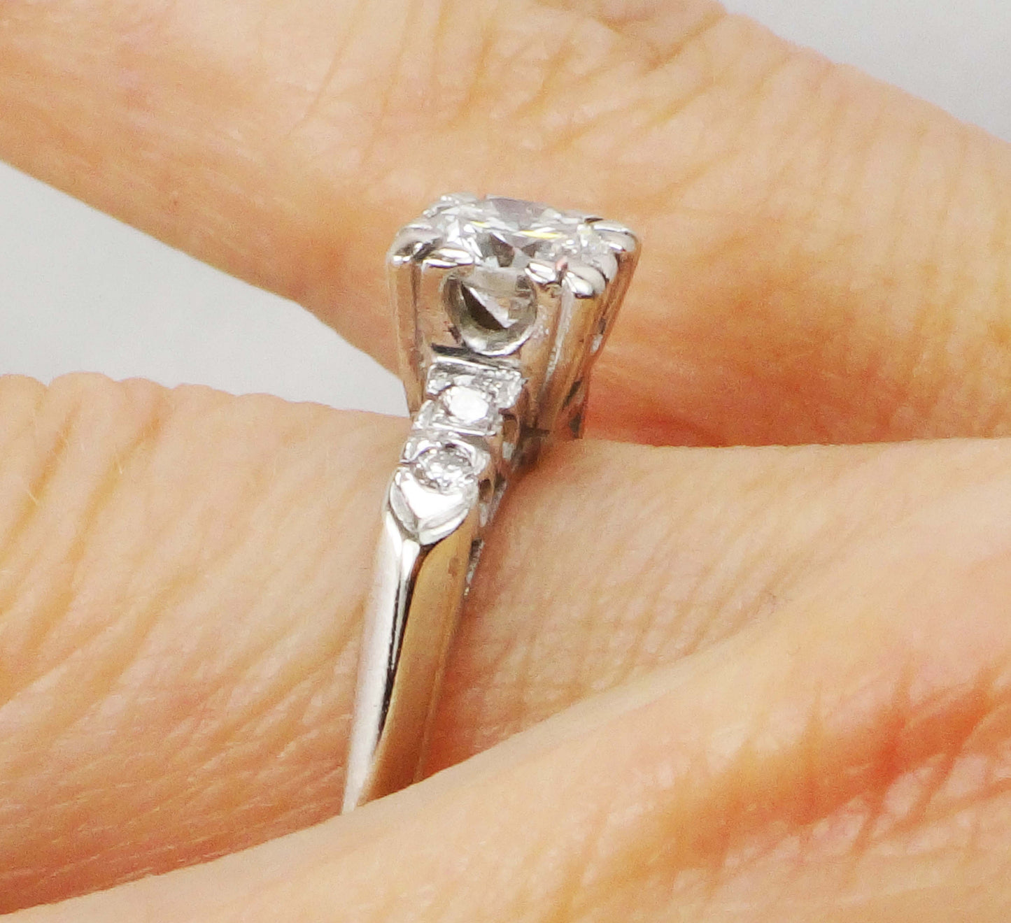 Vintage 14k White Gold Engagement Ring - Natural Round Brilliant Diamond Approximately .60 Carats TDW - Circa 1950's