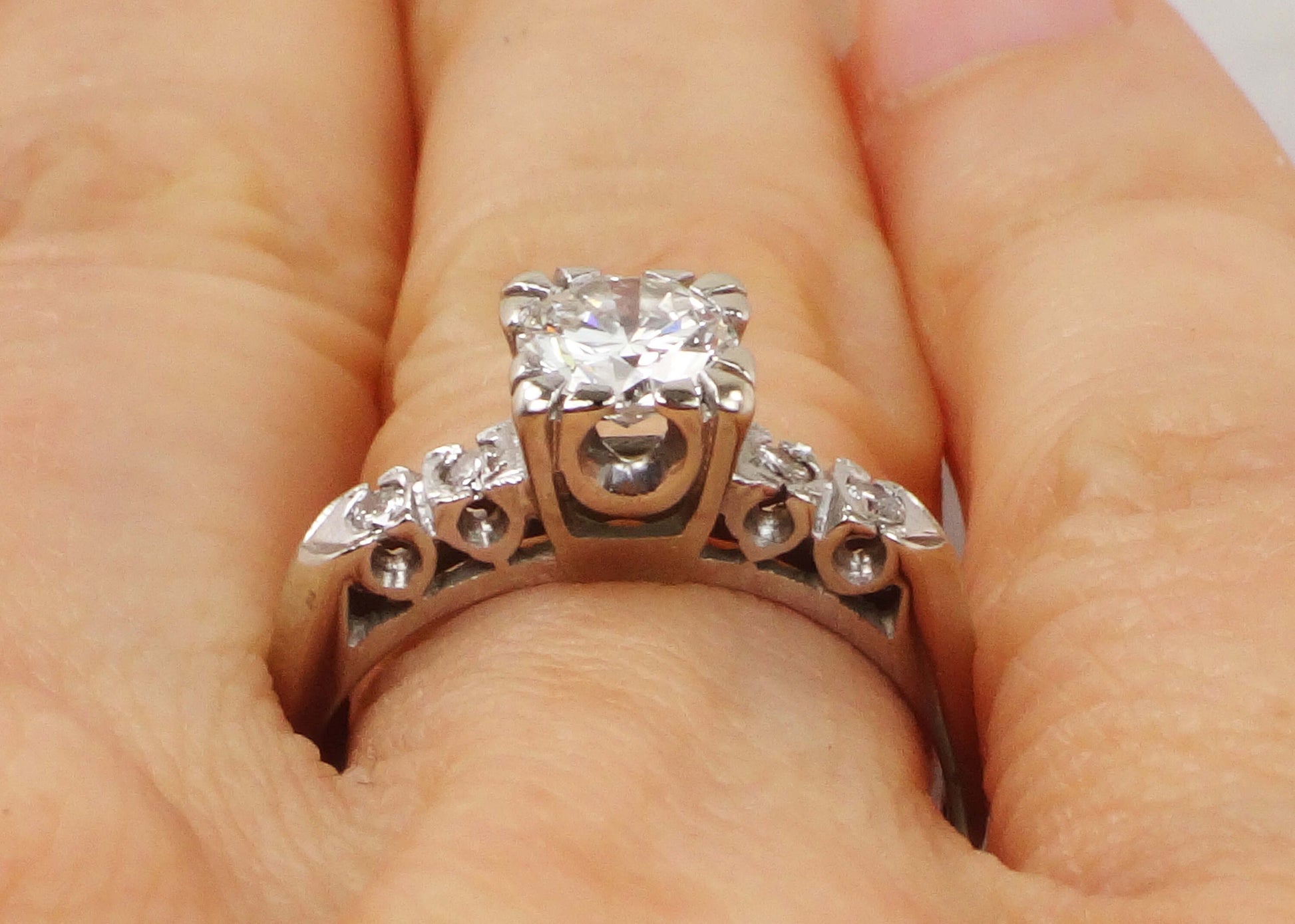 Vintage 14k White Gold Engagement Ring - Natural Round Brilliant Diamond Approximately .60 Carats TDW - Circa 1950's