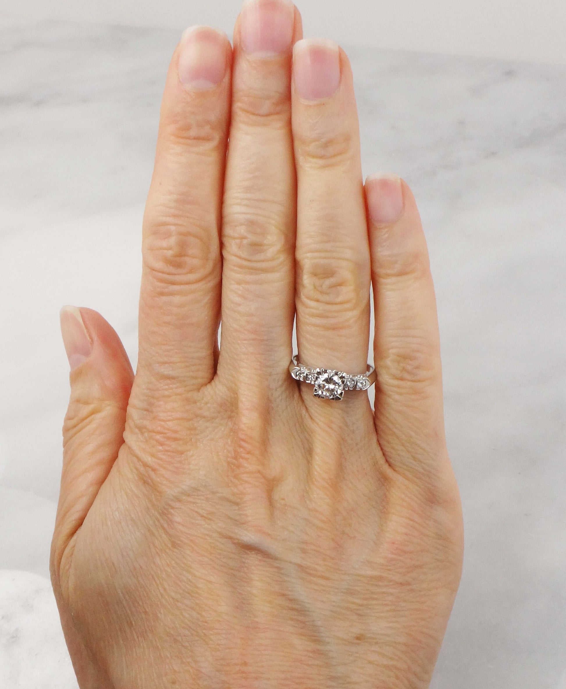 Vintage 14k White Gold Engagement Ring - Natural Round Brilliant Diamond Approximately .60 Carats TDW - Circa 1950's