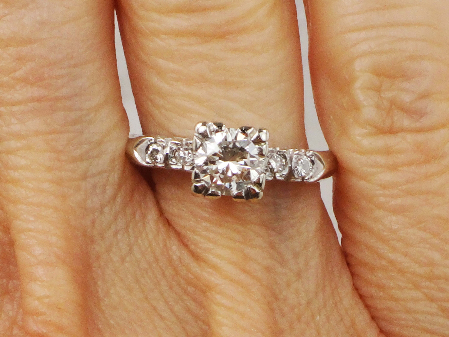 Vintage 14k White Gold Engagement Ring - Natural Round Brilliant Diamond Approximately .60 Carats TDW - Circa 1950's