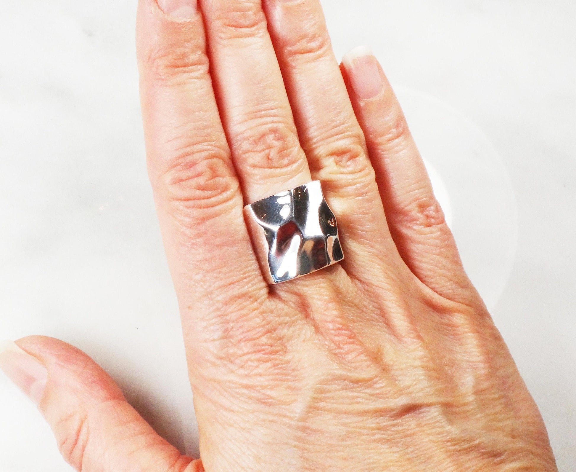 Vintage Hammered Sterling Silver Ring - Wide Band Statement Ring Size 6