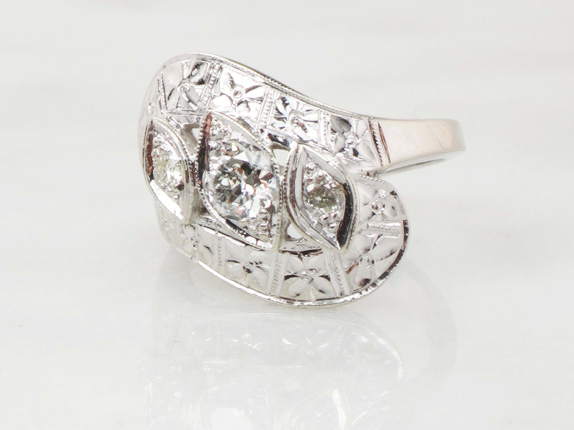 Vintage 14k White Gold Natural Diamond Orange Blossom Ring Circa 1940s Alternative Engagement Ring