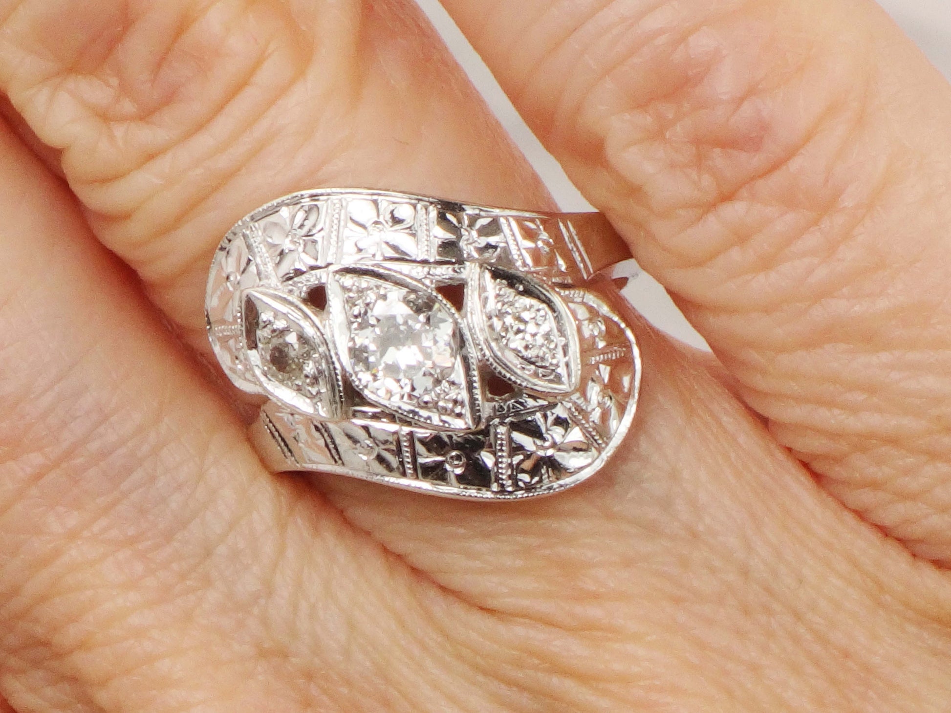 Vintage 14k White Gold Natural Diamond Orange Blossom Ring Circa 1940s Alternative Engagement Ring