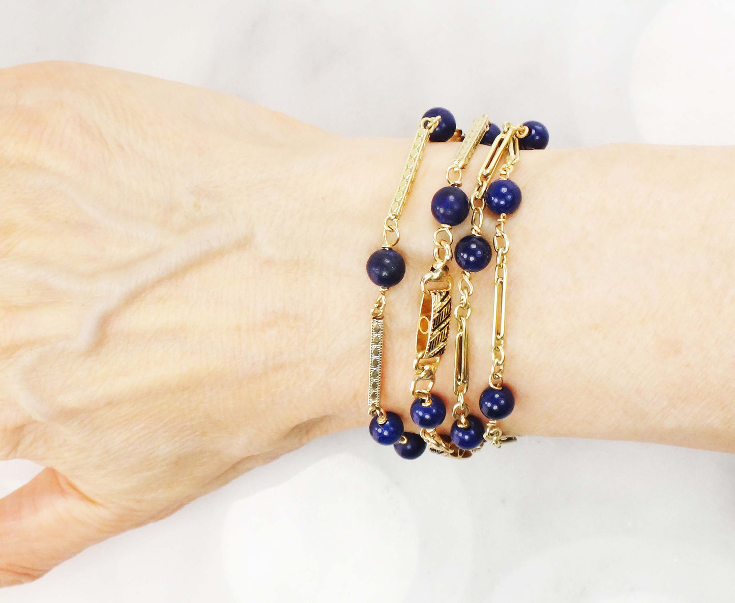 Vintage 14k Yellow Gold Lapis Lazuli Necklace Long Fancy Link Chain - Blue Lapis Station Necklace - 26.75"